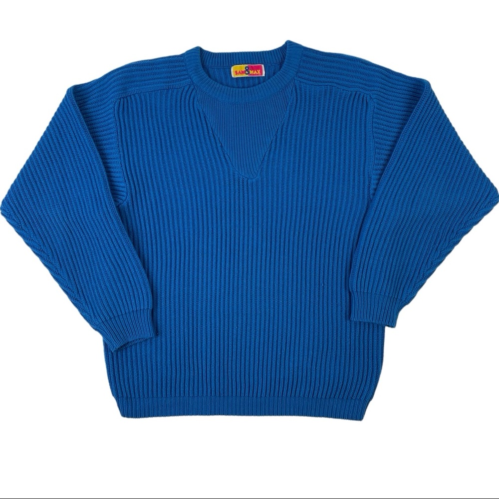 Vintage Sam & Max Knit Crewneck Sweater Solid Blue V Stitch Jumper Womens Medium